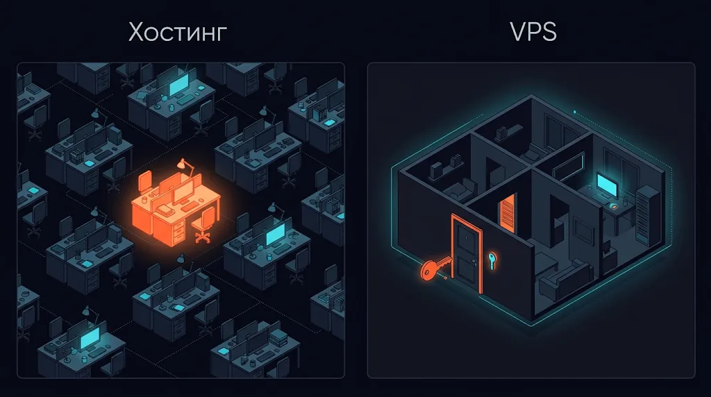Разница между хостингом и VPS: место в общем офисе и отдельная квартира